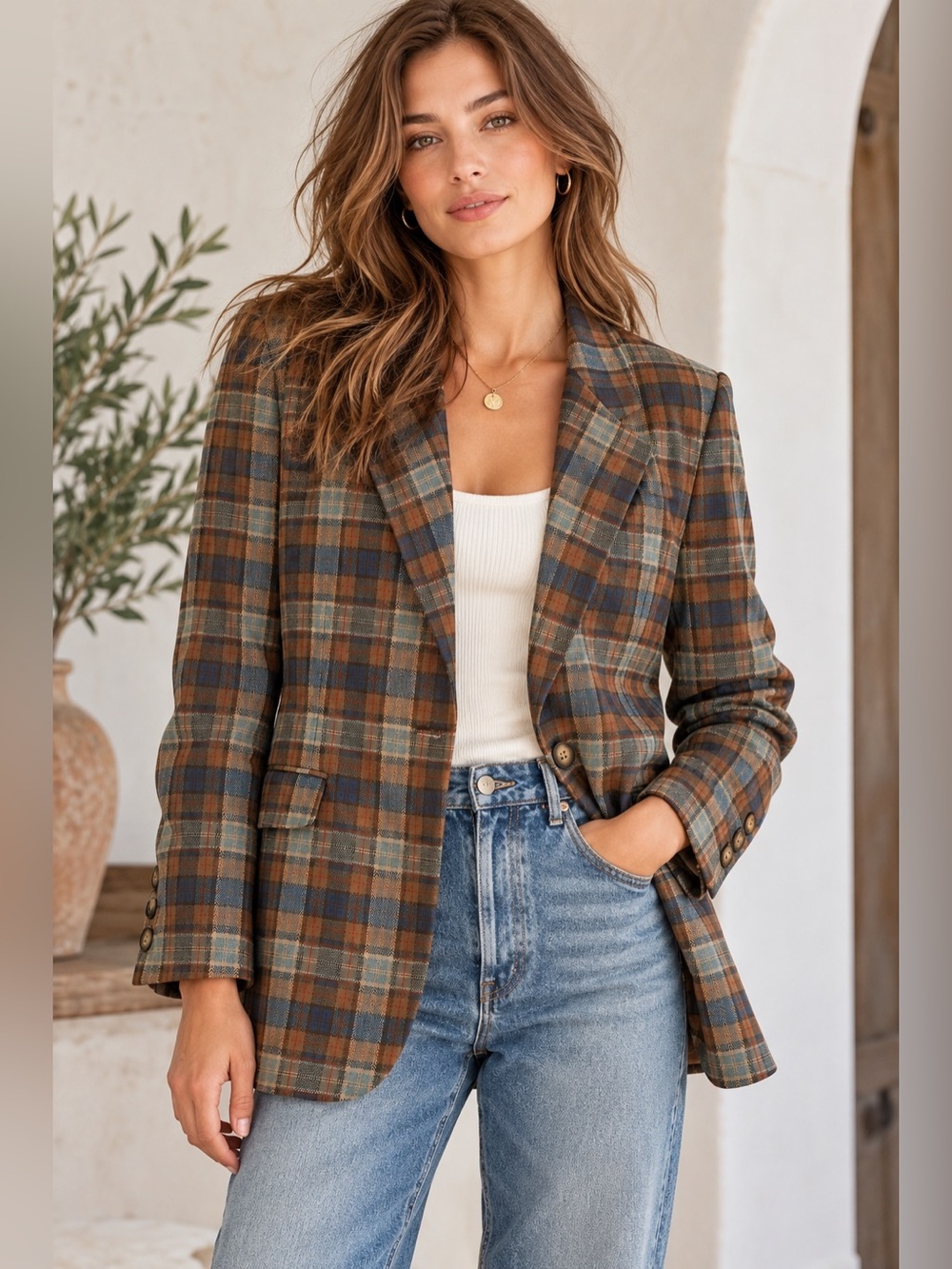 Vintage Lady Bowdon Plaid Blazer Women 14 Made USA Brown Blue Academia Jacket